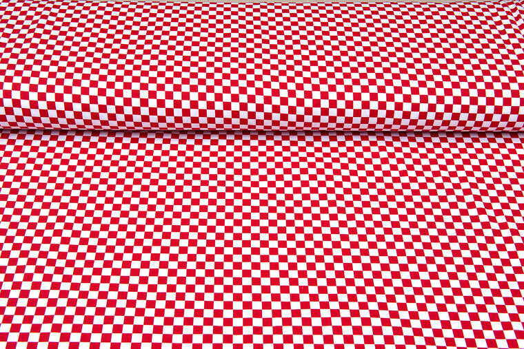 Katoenen Tricot bedrukt squares 1cm rood-wit