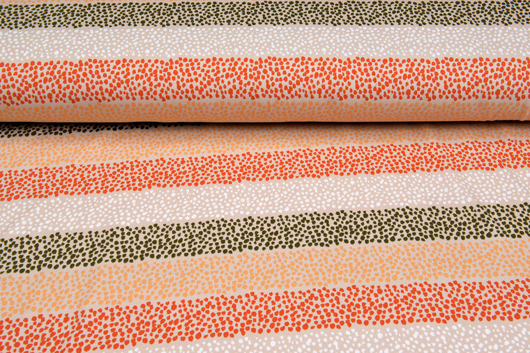 Katoenen Tricot bedrukt colorful stripes oranje-goen