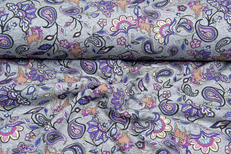 Alpenfleece bedrukt paisley unicorn grijs-donkergrijs