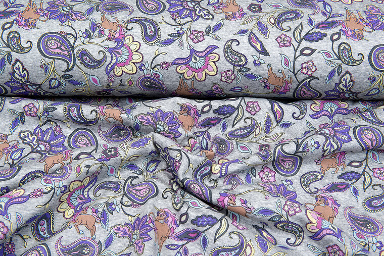 Alpenfleece bedrukt paisley unicorn grijs-wit