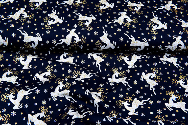 Katoen Poplin bedrukt kerst reindeer donkerblauw-goud