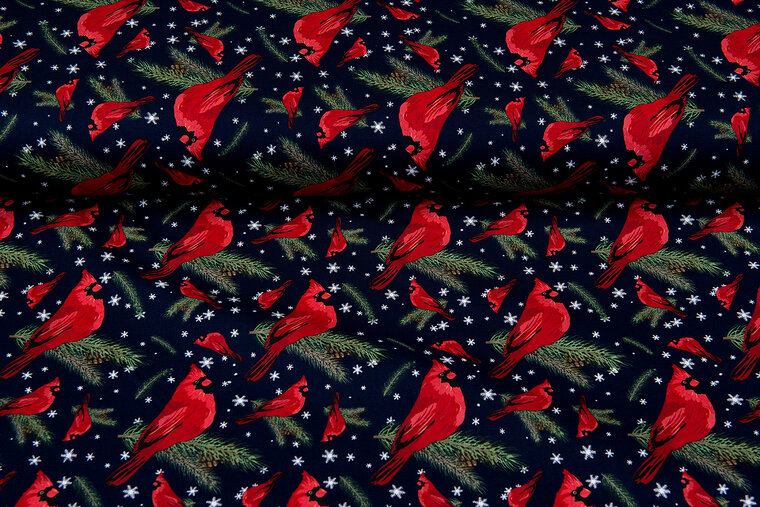 Katoen Poplin bedrukt kerst christmas bird donkerblauw-rood