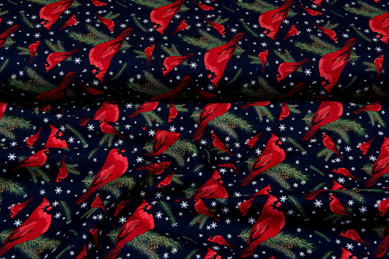 Katoen Poplin bedrukt kerst christmas bird donkerblauw-rood