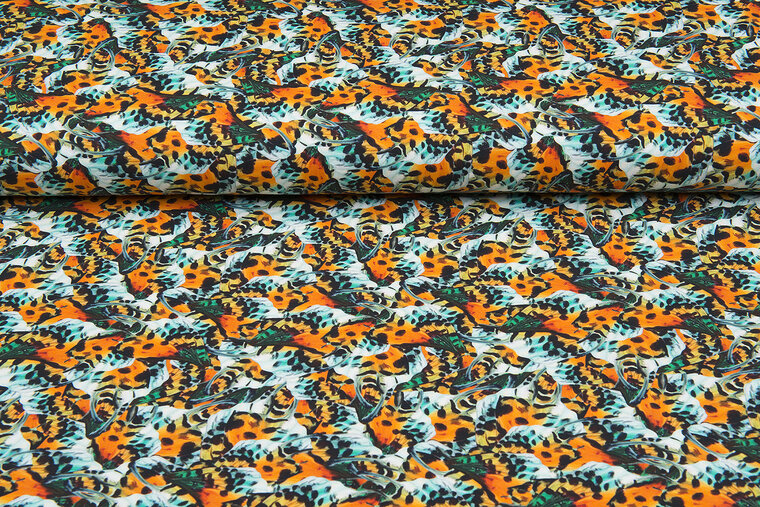 Katoenen Tricot bedrukt digitaal butterfly oranje-mint