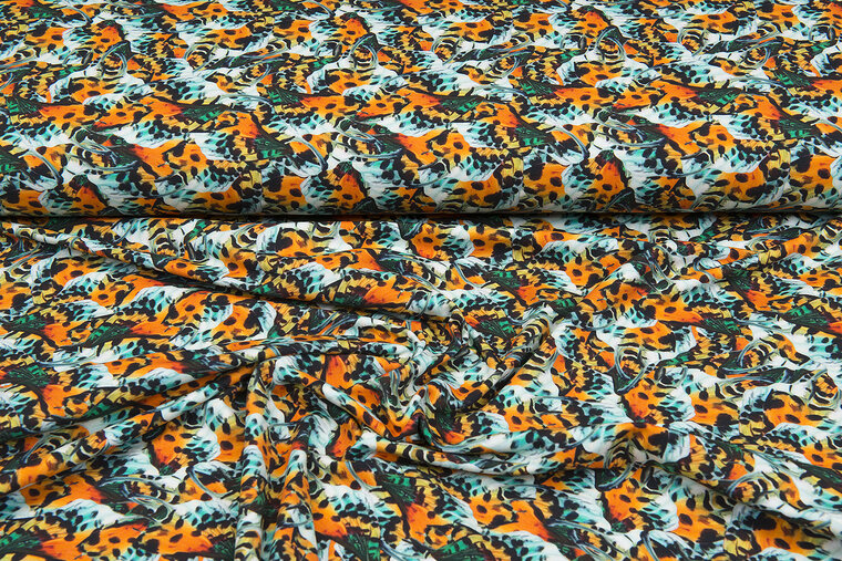 Katoenen Tricot bedrukt digitaal butterfly oranje-mint