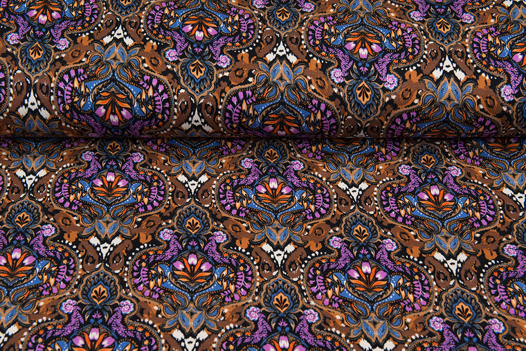 Viscose bedrukt retro flowers bruin-roest