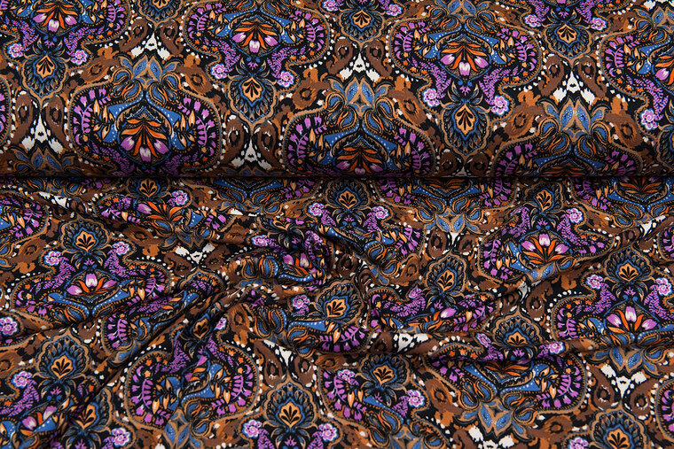 Viscose bedrukt retro flowers bruin-roest