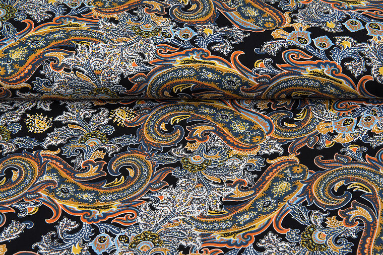 Viscose bedrukt bohemian paisley poplin stretch zwart