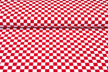 Katoenen Tricot bedrukt squares 2cm rood-wit