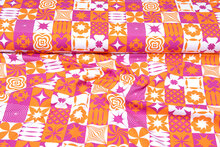 Katoenen Tricot bedrukt retro flowers pink-oranje