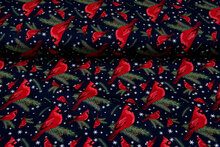 Katoen Poplin bedrukt kerst christmas bird donkerblauw-rood