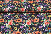 Katoenen Tricot bedrukt digitaal multicolor flowers blauw