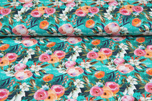 Katoenen Tricot bedrukt digitaal multicolor flowers aqua