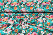 Katoenen Tricot bedrukt digitaal multicolor flowers aqua