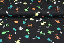 Katoenen Tricot bedrukt neon monsters zwart